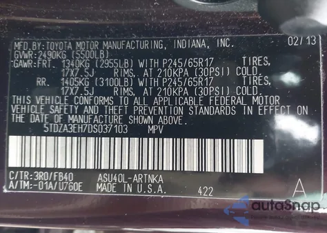 2013 Toyota Highlander из США, поврежденный, VIN 5TDZA3EH7DS037103